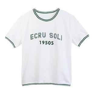 ECRU SOLI 素白已然 美式复古 白绿拼色 立体刺绣 宽松短袖T恤