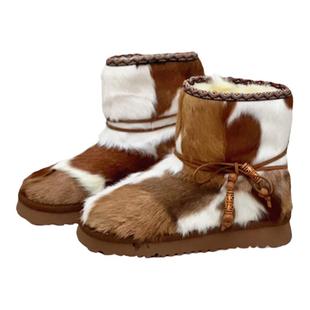 真皮马皮毛一体雪地靴女复古民族风牛奶拼色厚底羊毛保暖抗寒短靴