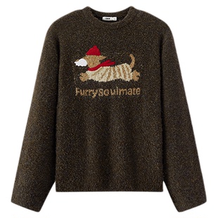 森马毛衫男冬季萌宠提花针织衫2025新款美式复古潮流宽松套头毛衣