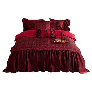 全棉提花玫瑰复古结婚庆四件套长绒棉贡缎被套酒红公主风法式床品