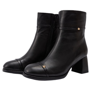 莎莎苏秋冬季新款方头丹宁风皮面高跟靴职场通勤中筒时装靴女