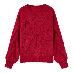 MISSCOCOON可可尼新年红色针织衫女2025冬季新款蝴蝶结圆领毛衣