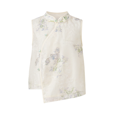 Little Naive儿童新中式T恤夏季新款旗袍领绣花上衣女童刺绣背心