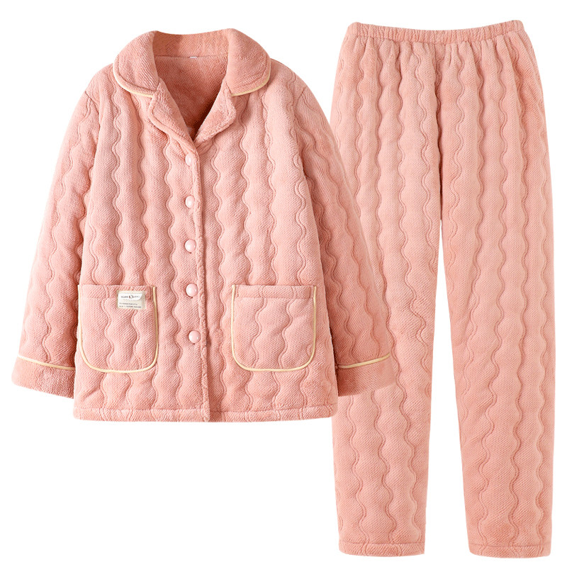 秋冬季珊瑚绒夹棉睡衣女士加厚加绒保暖三层法兰绒棉袄新款家居服