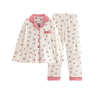 芬腾女士睡衣春秋季抗静电纯棉长袖可爱布朗熊女款休闲家居服套装