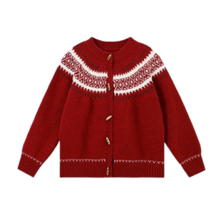 女童费尔岛毛衣秋冬新款童装女孩洋气新年开衫儿童红色拜年服外套
