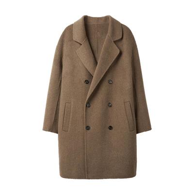 吉约蒙毛呢大衣男双排扣棕色羊驼冬季保暖加厚双面呢子羊毛外套