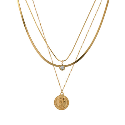 钛钢多层叠戴金币设计项链