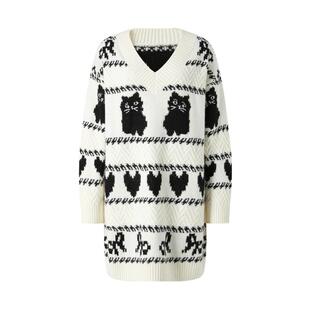 商场同款 摩萨克冬新款卡通猫咪套头长款毛衣针织衫连衣裙女