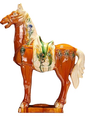 唐三彩陶瓷将军马马到成功摆件