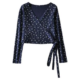 复古修身显瘦碎花绑带长袖衬衫女上衣bm短款露脐T恤brandy新款潮