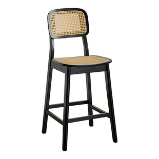木神实木吧台椅家用岛台椅子侘寂风椅子藤编吧椅酒吧椅靠背高脚凳