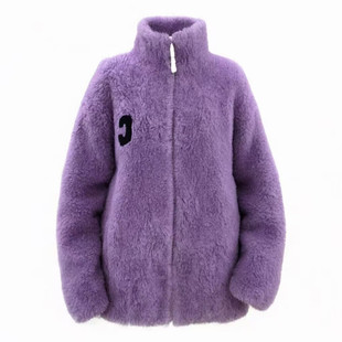 潮流休闲风外套女羊羔毛冬季立领宽松绿色保暖加绒短款毛绒外套