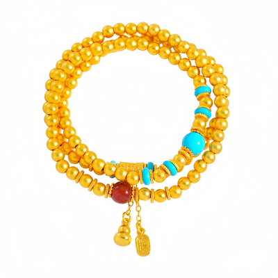 古法金包银绿松石金珠多圈手链