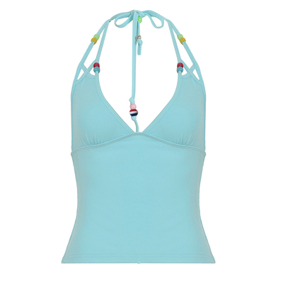 WEEKEEP 夏日辣妹多巴胺彩色串珠挂脖绑带吊带背心女V领露背上衣