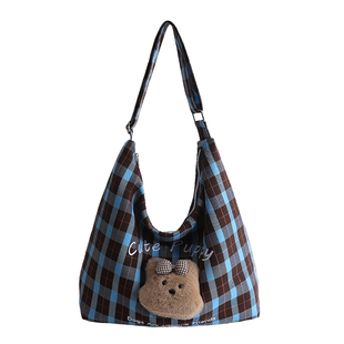 可爱格子帆布包女2026新款潮韩国小众单肩斜挎包大容量休闲托特包