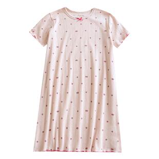 儿童夏针织纯棉薄款短袖睡裙小清新女童全棉透气家居裙亲子装睡衣