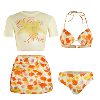 【假面猫】橘色花卉比基尼四件套