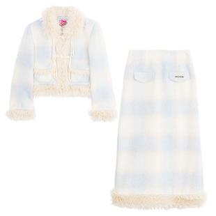 KEIKO [夹棉] 柔美蓝格子毛呢套装25秋冬短款长绒毛呢外套+半身裙