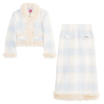 凯莉欧温柔感蓝格子毛呢两件套装