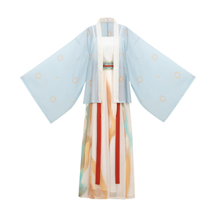 花朝记|轻岚|晋制汉服元素褶衣破裙交窬裙天丝蓝色印花日常春夏