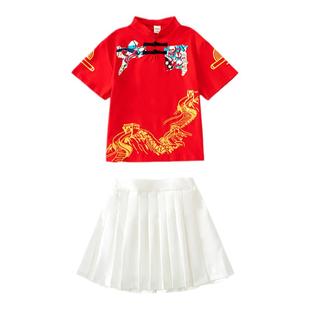 童装儿童唐装男童套装夏季2025新款女孩国风华服宝宝衣服服装红色