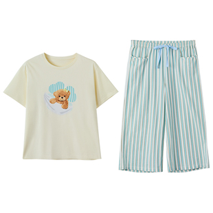 红豆纯棉睡衣女短袖七分裤长裤带胸垫格子外穿凉感休闲家居服套装