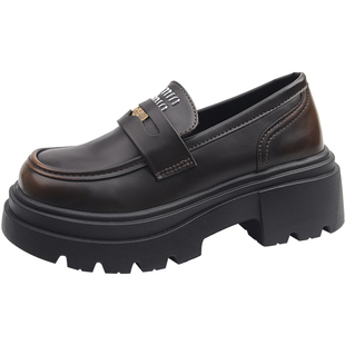 英伦风厚底乐福鞋女2026春季新款一脚蹬黑色单鞋增高小个子小皮鞋