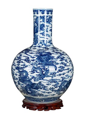 景德镇陶瓷高端仿古大花瓶手绘龙纹天球瓶客厅酒店博古架装饰摆件