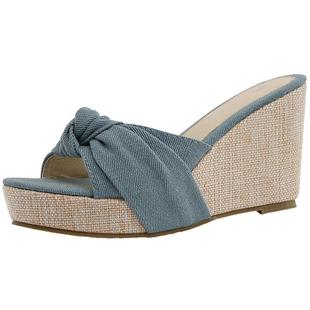 2025夏季新款清新牛仔布鞋亚麻高跟鞋蝴蝶结麻底坡跟凉拖鞋女夏