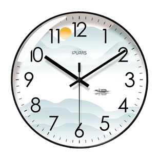 易普拉8227中式钟表水墨时钟挂墙挂钟客厅山水简约静音扫秒石英钟