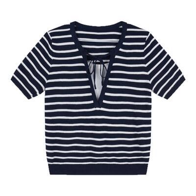 瑞尔撞色条纹短袖针织衫女