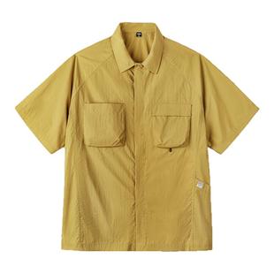 马登工装山系户外短袖衬衫速干黄色肌理感薄款日系口袋衬衣男款夏