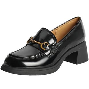 百丽女鞋子英伦通勤单鞋黑色小皮鞋马衔扣粗高跟乐福鞋3A625CA4