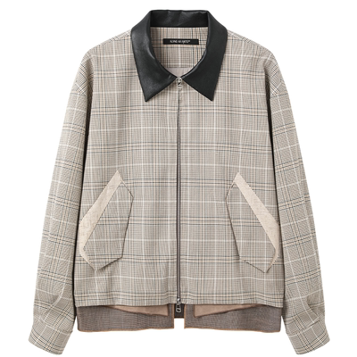 芸蚁千鸟格纹哈灵顿错落拼接夹克