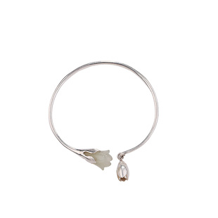 熙素小众设计手镯冷淡风开口银手镯女玉兰花和田玉纯银饰品礼物