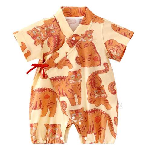 龙喜年周岁礼服宝宝服国风初生百天百日宴居家可爱短袖连体衣夏