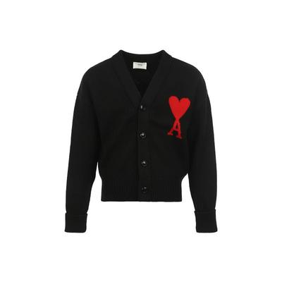 【自营】AMI红色大爱心提花羊毛V领系扣宽松针织开衫毛衣男女同款