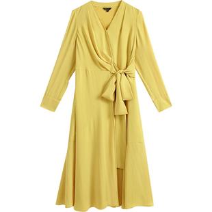 【醋酸系列】YINER音儿女装秋季显瘦系带浅黄连衣裙