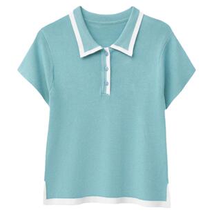 polo领短袖t恤女短款夏季 修身薄款冰丝针织衫翻领高腰小个子上衣