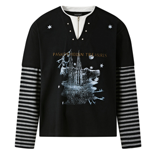 张桂源张奕然同款美式复古亨利领印花条纹假两件长袖T恤男女上衣