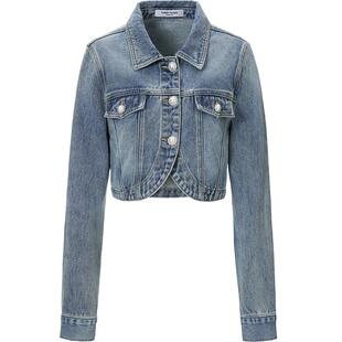 商场同款糖力 春秋季浅蓝色珍珠扣纯棉丹宁牛仔外套女短款小个子