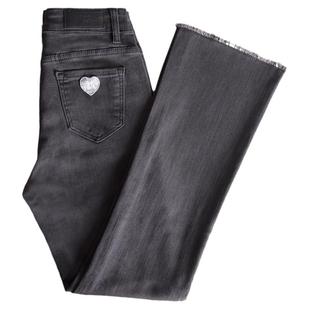 刺绣烟灰色牛仔裤女秋冬微喇新款加绒高腰黑色八分九分喇叭裤子