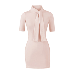 轻熟优雅风半高领飘带针织中袖连衣裙女春秋收腰修身显瘦包臀短裙