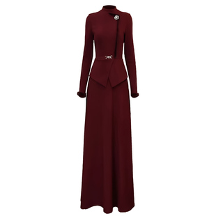 冬季加厚女连衣裙2025年喜婆婆婚宴装酒红色显瘦气质超好看的长裙