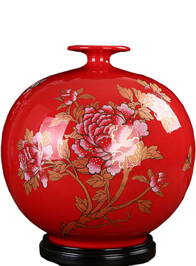 德化陶瓷中国红红瓶家居摆件