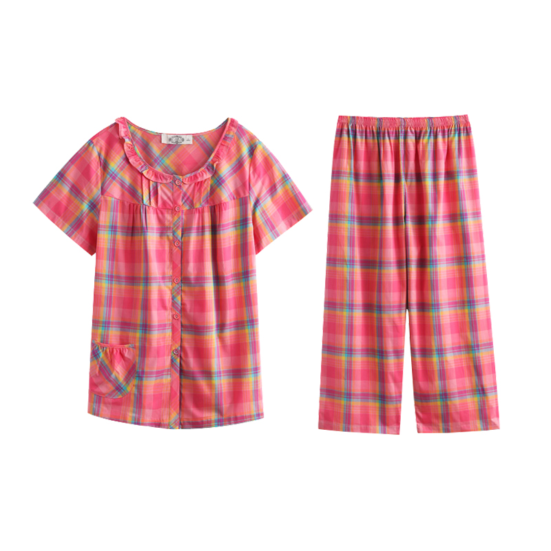 美標(biāo)春夏季純棉短袖睡衣女士全棉家居服可外穿開衫格子七分褲套裝