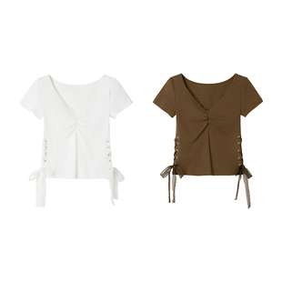 【蝴蝶泛音】Uena蕾丝花边v领胸前抽褶侧边绑带正肩短袖修身T恤女