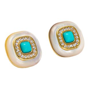 龙丰绿松轩S925银镀18K金天然绿松石方形白贝母耳钉简约轻奢耳饰