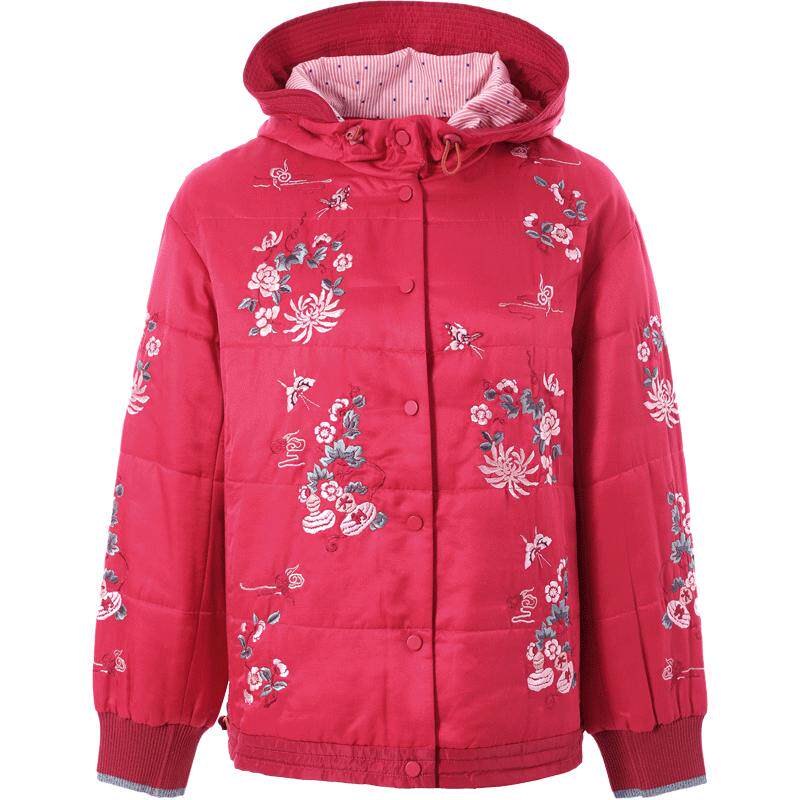 渔女装棉服女2023年新款冬季连帽刺绣花桑蚕丝中国红外套FGFD4049